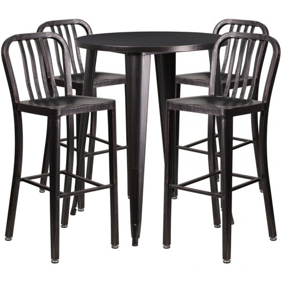 Commercial Grade 30" Round Black-Antique Gold Metal Indoor-Outdoor Bar Table Set with 4 Vertical Slat Back Stools