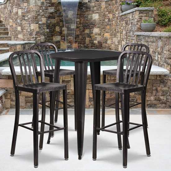 Commercial Grade 30" Round Black-Antique Gold Metal Indoor-Outdoor Bar Table Set with 4 Vertical Slat Back Stools