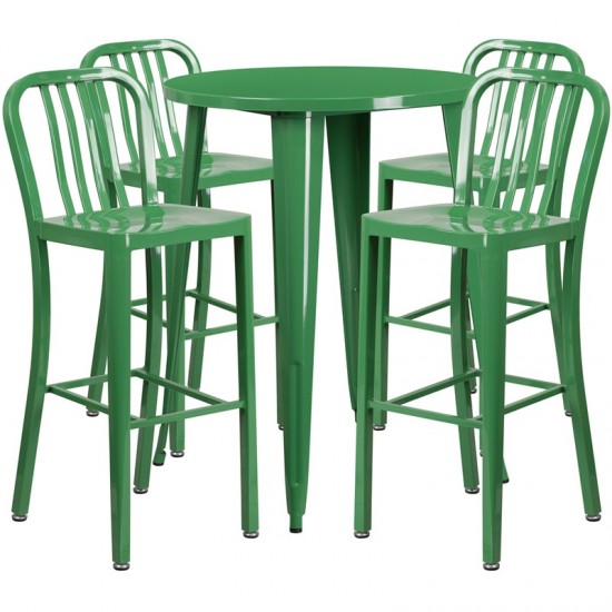 Commercial Grade 30" Round Green Metal Indoor-Outdoor Bar Table Set with 4 Vertical Slat Back Stools