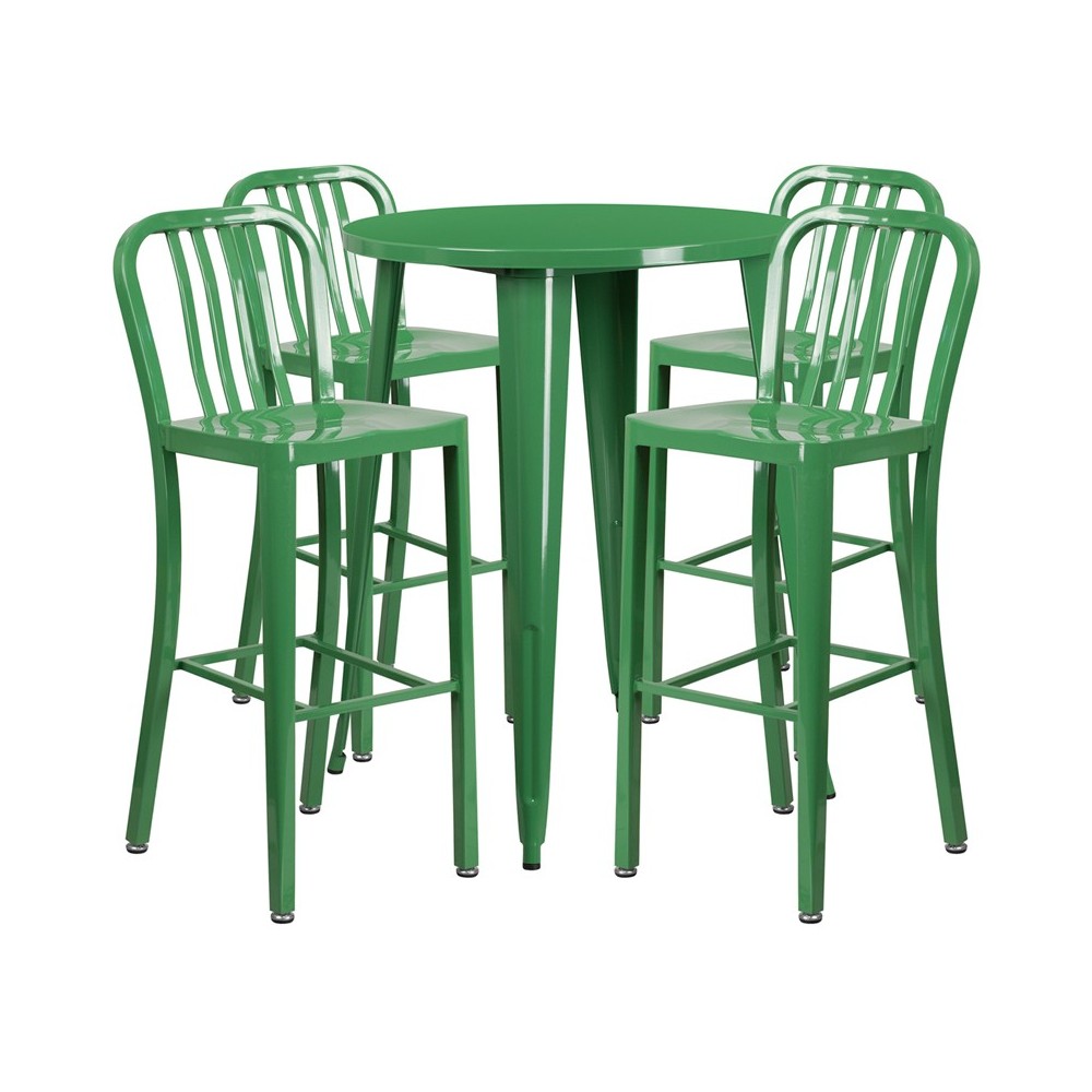 Commercial Grade 30" Round Green Metal Indoor-Outdoor Bar Table Set with 4 Vertical Slat Back Stools