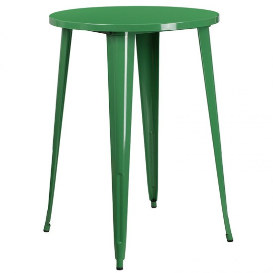 Commercial Grade 30" Round Green Metal Indoor-Outdoor Bar Table Set with 4 Vertical Slat Back Stools