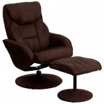 Contemporary Multi-Position Recliner and Ottoman with Circular Wrapped Base in Brown Microfiber