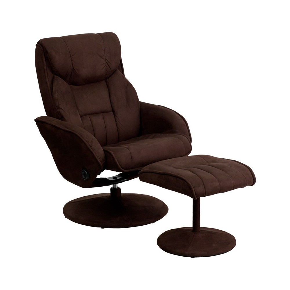 Contemporary Multi-Position Recliner and Ottoman with Circular Wrapped Base in Brown Microfiber