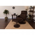 Contemporary Multi-Position Recliner and Ottoman with Circular Wrapped Base in Brown Microfiber