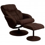 Contemporary Multi-Position Recliner and Ottoman with Circular Wrapped Base in Brown Microfiber