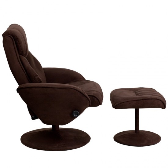 Contemporary Multi-Position Recliner and Ottoman with Circular Wrapped Base in Brown Microfiber