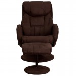 Contemporary Multi-Position Recliner and Ottoman with Circular Wrapped Base in Brown Microfiber