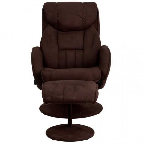 Contemporary Multi-Position Recliner and Ottoman with Circular Wrapped Base in Brown Microfiber