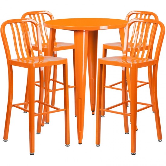 Commercial Grade 30" Round Orange Metal Indoor-Outdoor Bar Table Set with 4 Vertical Slat Back Stools