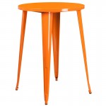 Commercial Grade 30" Round Orange Metal Indoor-Outdoor Bar Table Set with 4 Vertical Slat Back Stools