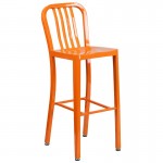 Commercial Grade 30" Round Orange Metal Indoor-Outdoor Bar Table Set with 4 Vertical Slat Back Stools