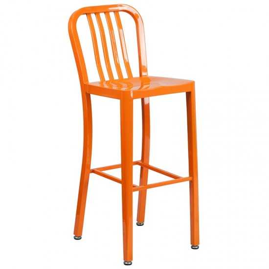 Commercial Grade 30" Round Orange Metal Indoor-Outdoor Bar Table Set with 4 Vertical Slat Back Stools