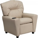 Contemporary Beige Vinyl Kids Recliner with Cup Holder