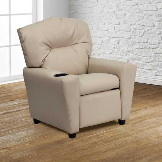 Contemporary Beige Vinyl Kids Recliner with Cup Holder