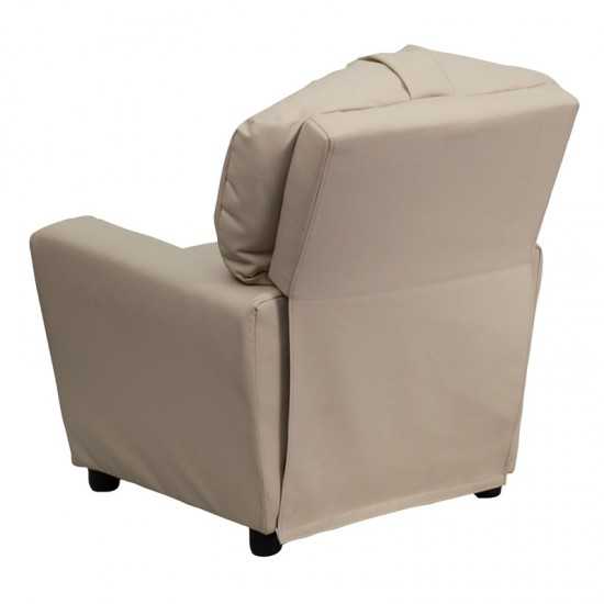 Contemporary Beige Vinyl Kids Recliner with Cup Holder