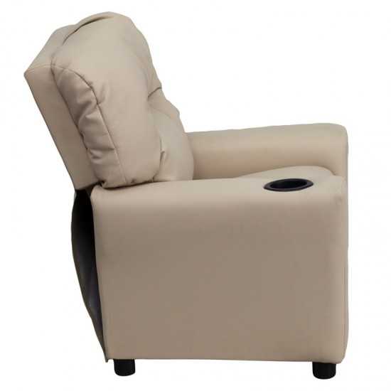 Contemporary Beige Vinyl Kids Recliner with Cup Holder