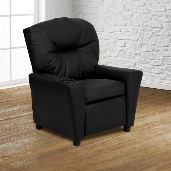 Contemporary Black LeatherSoft Kids Recliner with Cup Holder