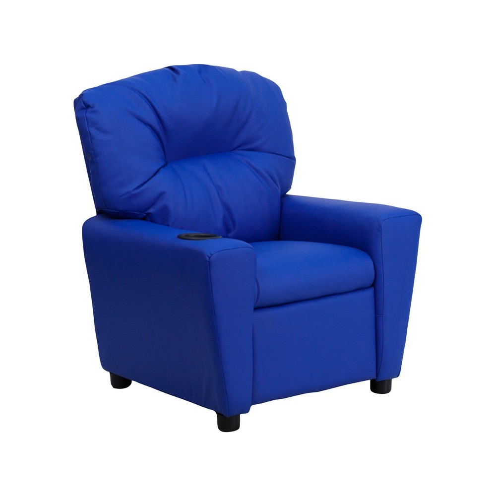 Contemporary Blue Vinyl Kids Recliner with Cup Holder