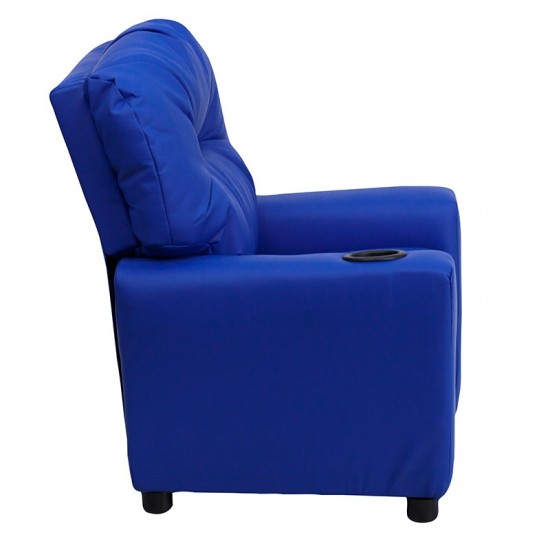 Contemporary Blue Vinyl Kids Recliner with Cup Holder