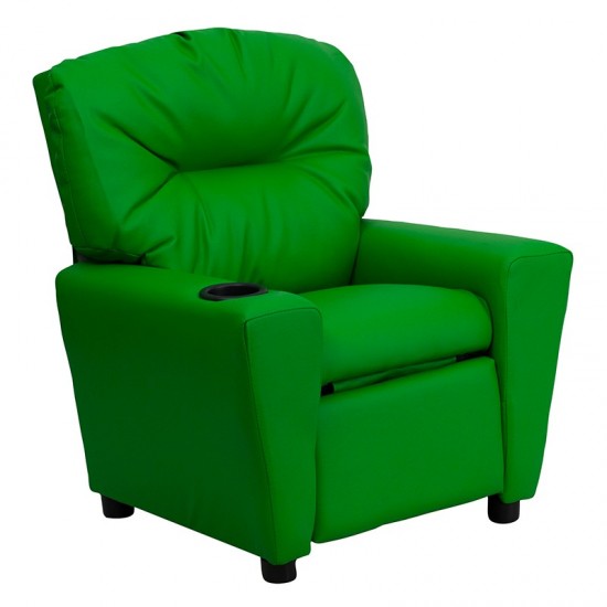 Contemporary Green Vinyl Kids Recliner with Cup Holder