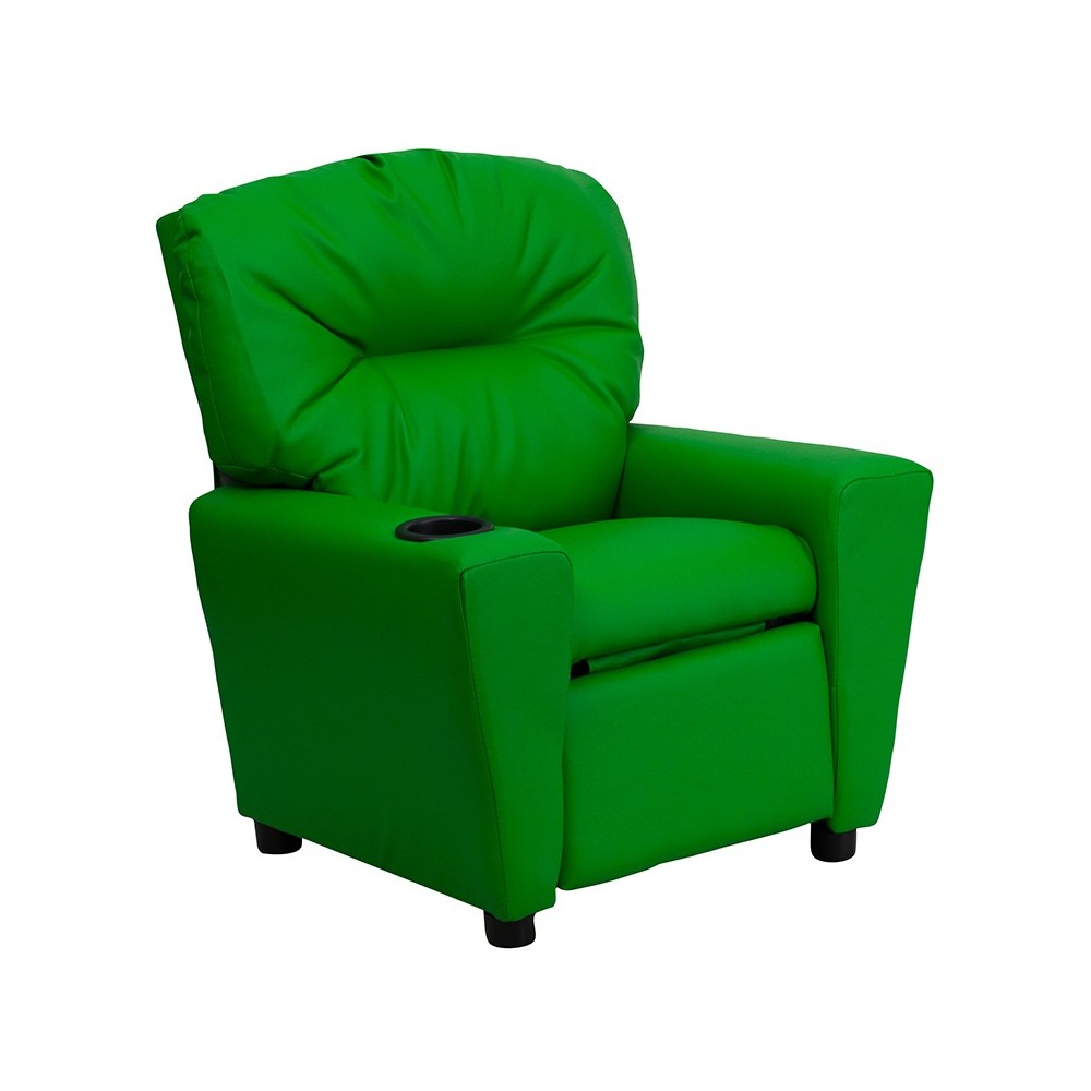 Contemporary Green Vinyl Kids Recliner with Cup Holder