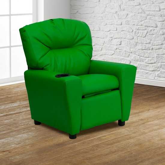 Contemporary Green Vinyl Kids Recliner with Cup Holder