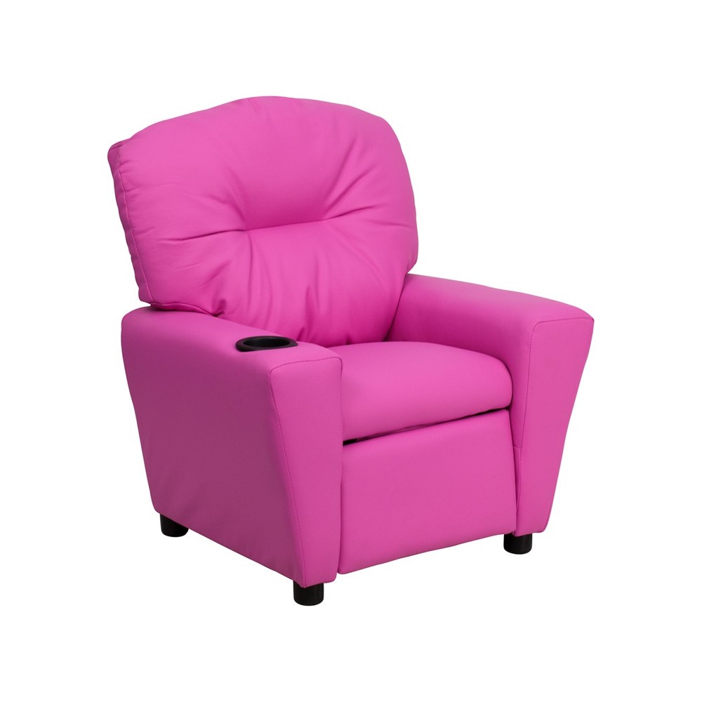 Contemporary Hot Pink Vinyl Kids Recliner with Cup Holder