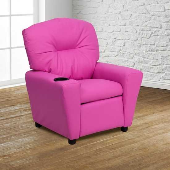 Contemporary Hot Pink Vinyl Kids Recliner with Cup Holder