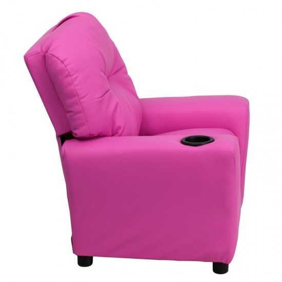 Contemporary Hot Pink Vinyl Kids Recliner with Cup Holder