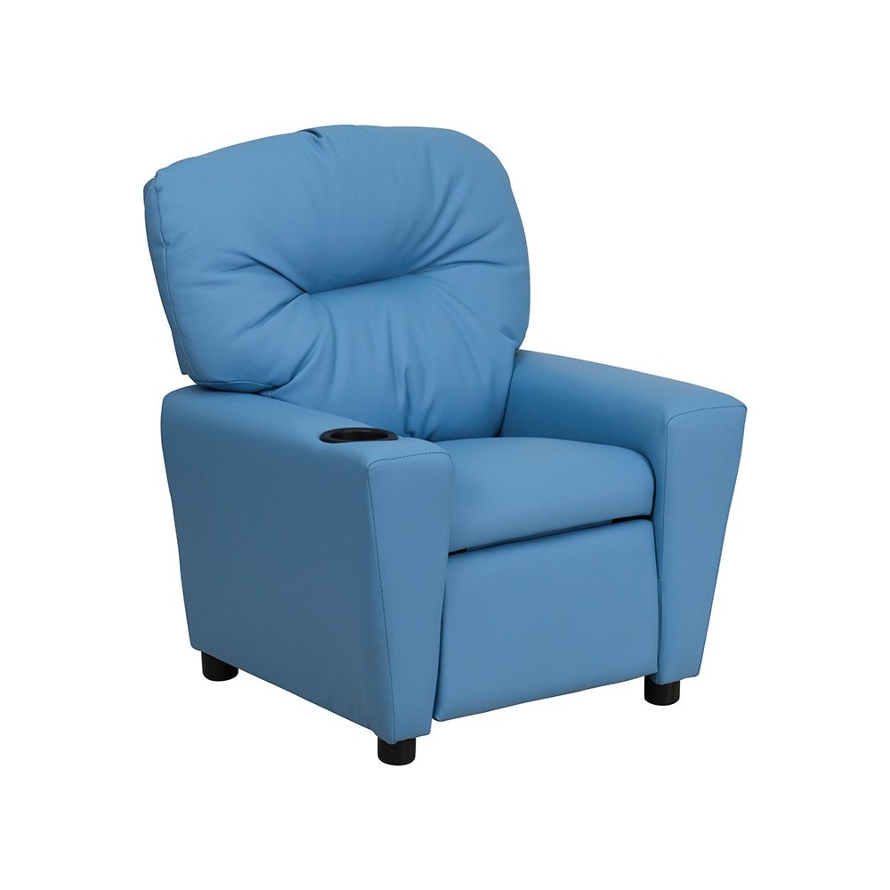 Contemporary Light Blue Vinyl Kids Recliner with Cup Holder