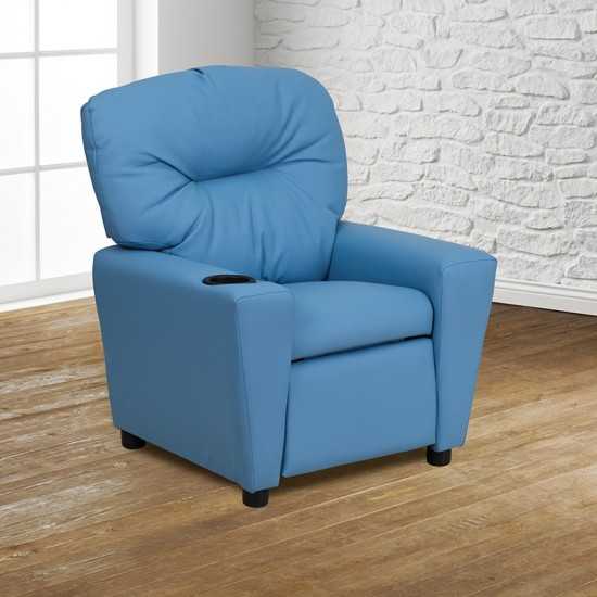 Contemporary Light Blue Vinyl Kids Recliner with Cup Holder