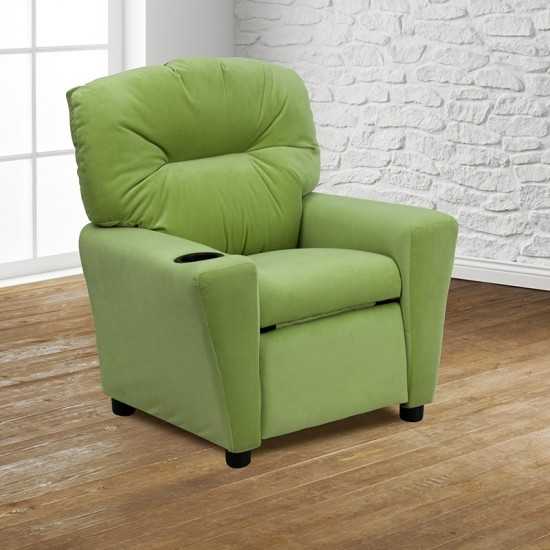 Contemporary Avocado Microfiber Kids Recliner with Cup Holder