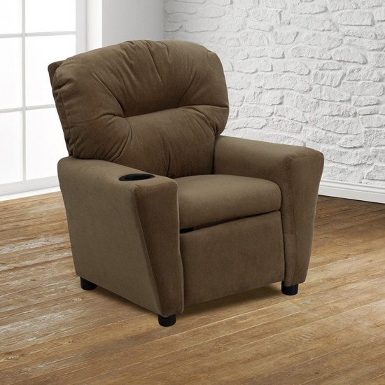 Contemporary Brown Microfiber Kids Recliner with Cup Holder