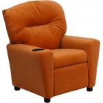 Contemporary Orange Microfiber Kids Recliner with Cup Holder