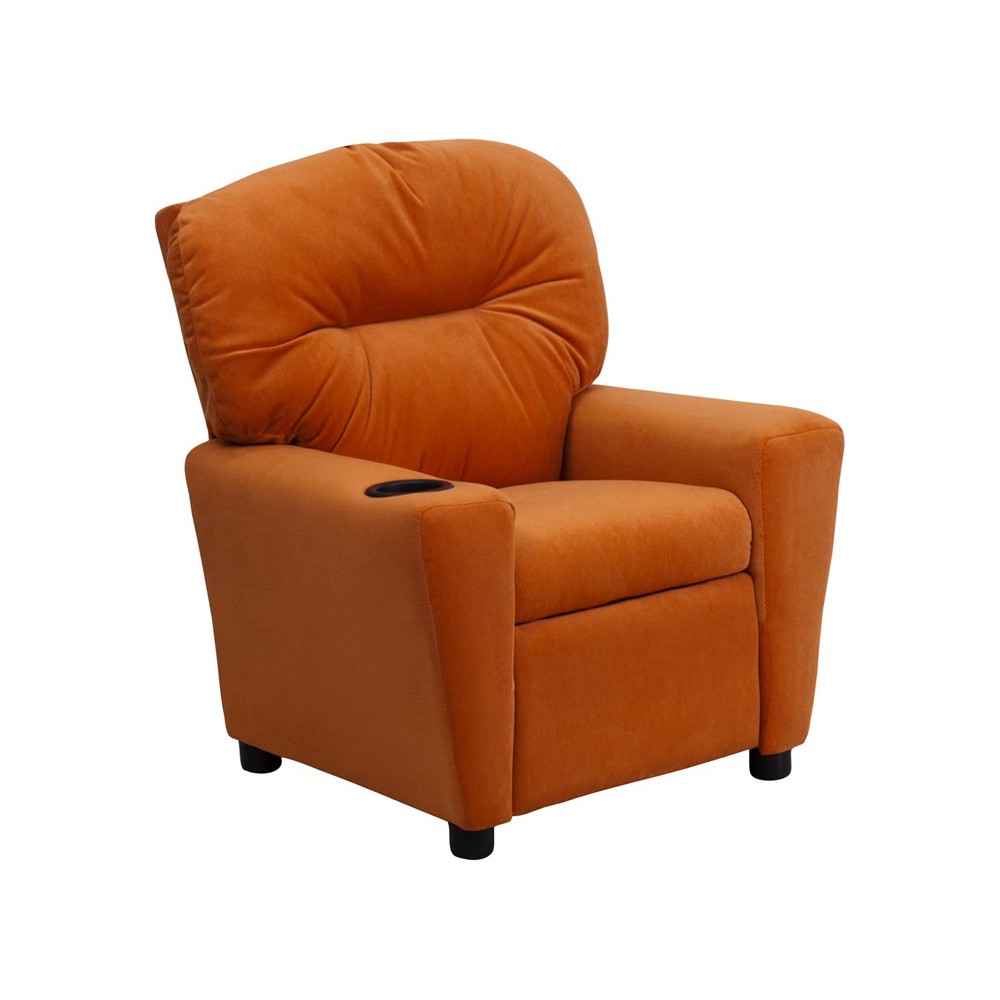 Contemporary Orange Microfiber Kids Recliner with Cup Holder