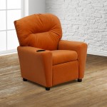 Contemporary Orange Microfiber Kids Recliner with Cup Holder