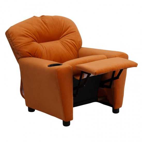 Contemporary Orange Microfiber Kids Recliner with Cup Holder