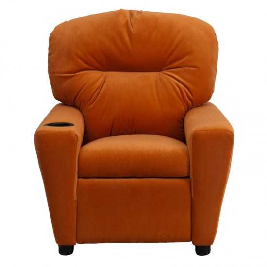 Contemporary Orange Microfiber Kids Recliner with Cup Holder