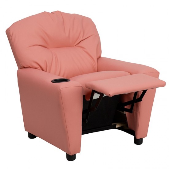Contemporary Pink Vinyl Kids Recliner with Cup Holder