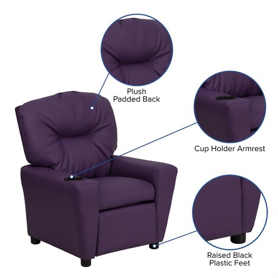 Contemporary Purple Vinyl Kids Recliner with Cup Holder