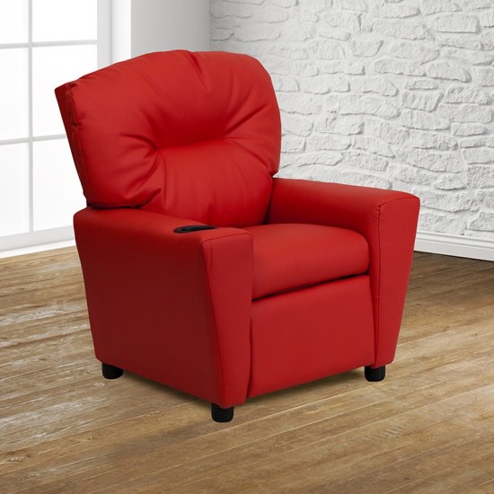 Contemporary Red Vinyl Kids Recliner with Cup Holder