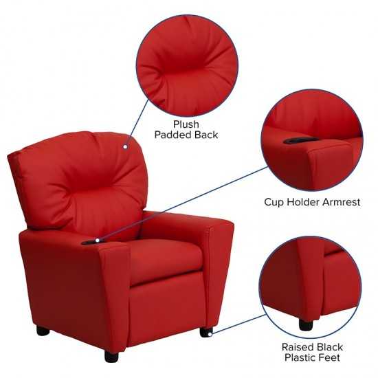 Contemporary Red Vinyl Kids Recliner with Cup Holder