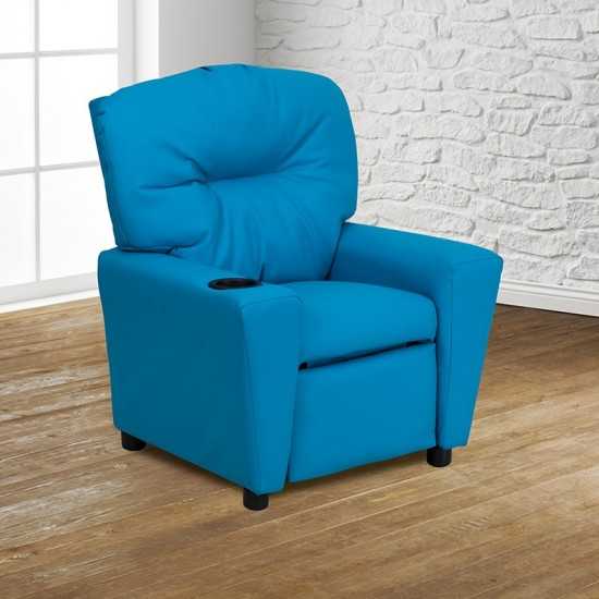 Contemporary Turquoise Vinyl Kids Recliner with Cup Holder