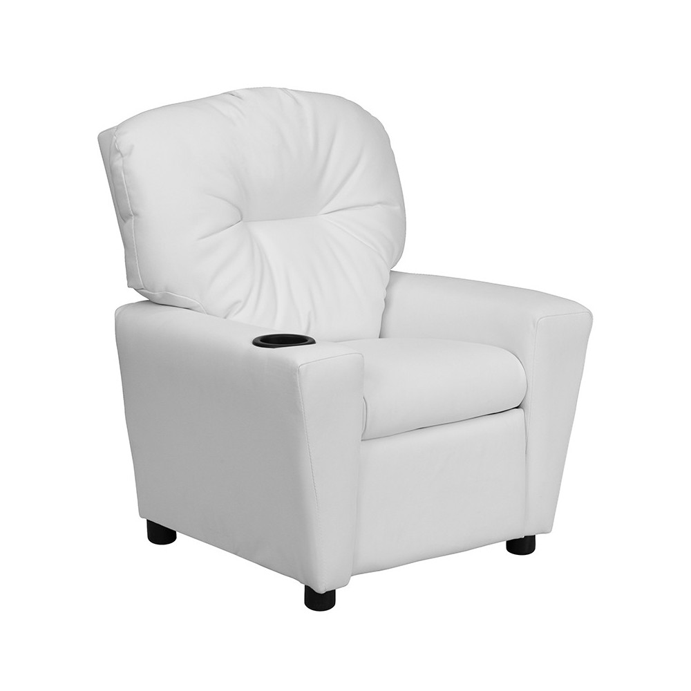 Contemporary White Vinyl Kids Recliner with Cup Holder