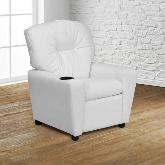 Contemporary White Vinyl Kids Recliner with Cup Holder