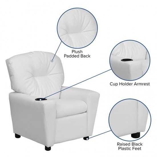 Contemporary White Vinyl Kids Recliner with Cup Holder