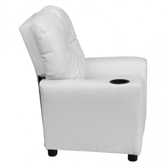 Contemporary White Vinyl Kids Recliner with Cup Holder