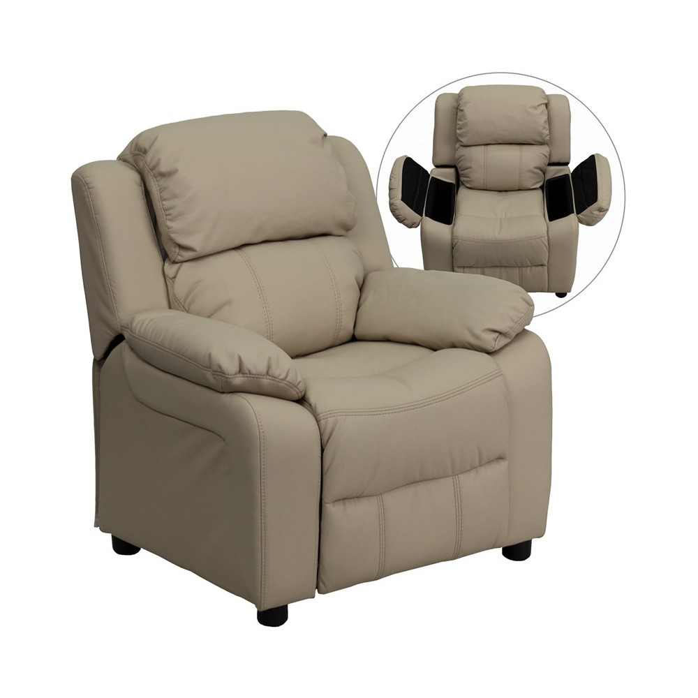 Deluxe Padded Contemporary Beige Vinyl Kids Recliner with Storage Arms