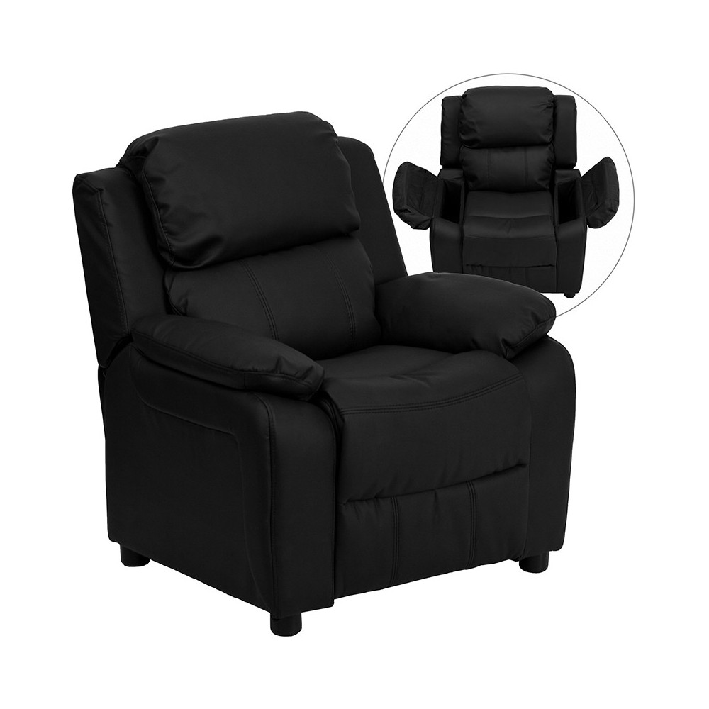 Deluxe Padded Contemporary Black LeatherSoft Kids Recliner with Storage Arms