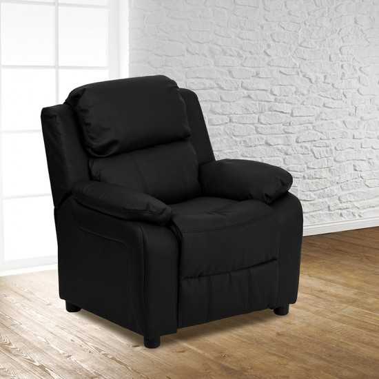 Deluxe Padded Contemporary Black LeatherSoft Kids Recliner with Storage Arms